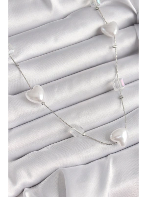 MuI MuI Pirinç Gümüş Renk Beyaz İnci Kalp Model Kadın Kolye