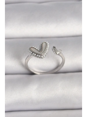 MuI MuI Pirinç Gümüş Renk Beyaz Mineli İnci Detaylı Kalp Model Ayarlanabilir Yüzük