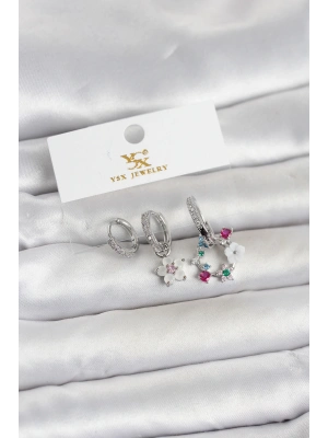 MuI MuI Pirinç Gümüş Renk Çiçek Model 3lü Kadın Küpe