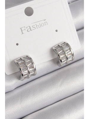 MuI MuI Pirinç Gümüş Renk Çift Sıra Zirkon Taşlı Kadın Küpe