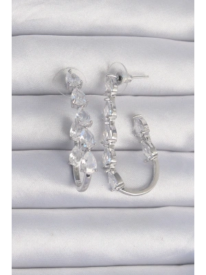 MuI MuI Pirinç Gümüş Renk Damla Zirkon Taş Tasarımlı Küpe