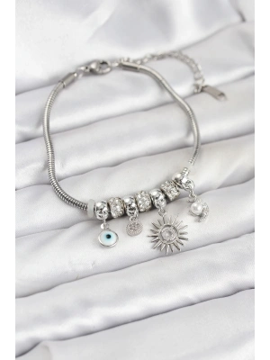 MuI MuI Pirinç Gümüş Renk Güneş Charmlı Kadın Bileklik