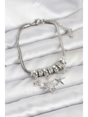 MuI MuI Pirinç Gümüş Renk Güneş Tema Charmlı Kadın Bileklik