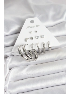 MuI MuI Pirinç Gümüş Renk Halka Modelli 6 Çift Kadın Küpe