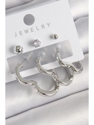 MuI MuI Pirinç Gümüş Renk Kalp Model Zirkon Taş Topçuk Detay Kadın Küpe Seti