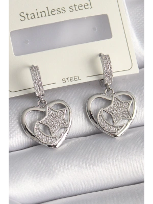 MuI MuI Pirinç Gümüş Renk Kalp Model Zirkon Taşlı Ay Yıldız İşlemeli Kadın Küpe