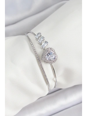 MuI MuI Pirinç Gümüş Renk Kalpli Zirkon Taşlı Kadın Bileklik