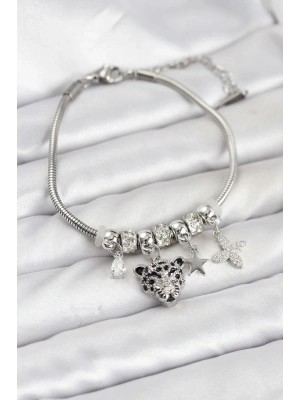 MuI MuI Pirinç Gümüş Renk Kaplan Model Charmlı Kadın Bileklik