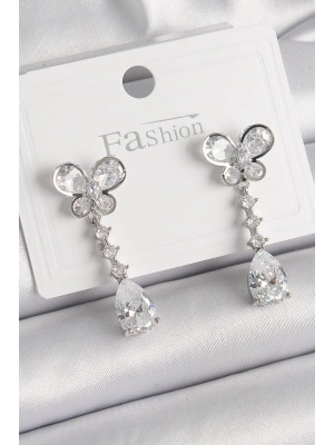 MuI MuI Pirinç Gümüş Renk Kelebek Model Sallantı Damla Zirkon Taşlı Kadın Küpe