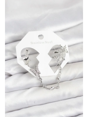 MuI MuI Pirinç Gümüş Renk Kelebek Model Zincir Bağlantılı Ear Cuff Küpe Seti