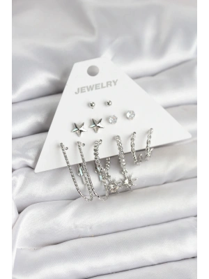 MuI MuI Pirinç Gümüş Renk Küpe Seti 6lı