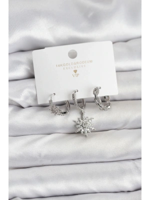 MuI MuI Pirinç Gümüş Renk Kutup Yıldızı Model 3lü Kadın Küpe Seti