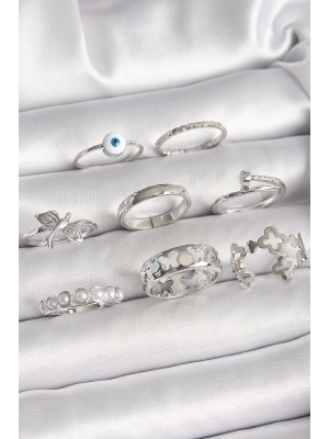 MuI MuI Pirinç Gümüş Renk Nazar Boncuk Detay İncili Kelebek İşlemeli Kadın Yüzük Kombini