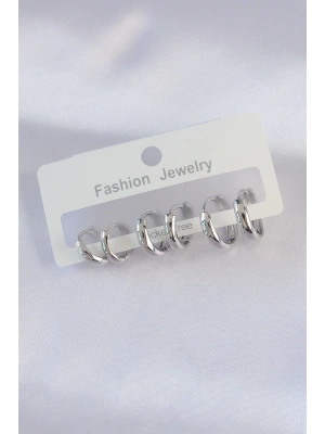 MuI MuI Pirinç Gümüş Renk Oval Bombeli Küpe Seti