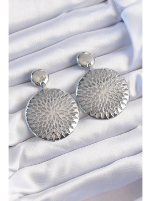 MuI MuI Pirinç Gümüş Renk Oval İşlemeli Küpe