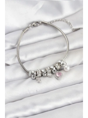 MuI MuI Pirinç Gümüş Renk Pembe Kalp Charmlı Kadın Bileklik