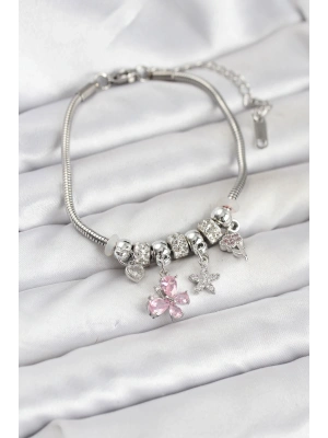 MuI MuI Pirinç Gümüş Renk Pembe Kelebek Charmlı Kadın Bileklik