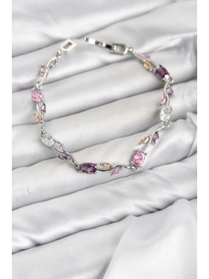 MuI MuI Pirinç Gümüş Renk Pembe ve Mor Zirkon Taşlı Çiçek Model Kadın Bileklik
