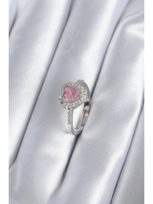 MuI MuI Pirinç Gümüş Renk Pembe Zirkon Taş Kalp Charm Model Kadın Yüzük