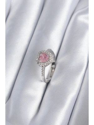 MuI MuI Pirinç Gümüş Renk Pembe Zirkon Taş Kalp Charm Model Kadın Yüzük