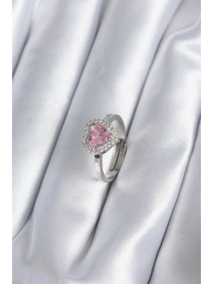 MuI MuI Pirinç Gümüş Renk Pembe Zirkon Taşlı Charm Model Kadın Yüzük