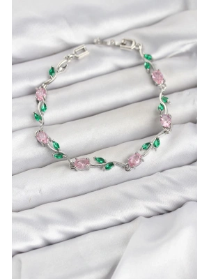MuI MuI Pirinç Gümüş Renk Pembe Zirkon Taşlı Çiçek Model Kadın Bileklik