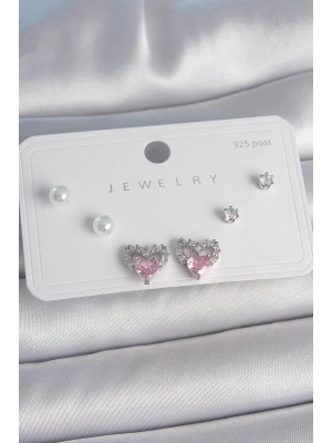 MuI MuI Pirinç Gümüş Renk Pembe Zirkon Taşlı Kalp Model İnci Detay 925 Ayar Gümüş Çivi Kadın Küpe Seti