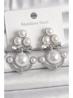 MuI MuI Pirinç Gümüş Renk Sallantı İncili Çapa Model Kadın Küpe