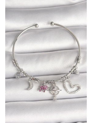 MuI MuI Pirinç Gümüş Renk Sallantı Zirkon Taşlı Gezegen Figür Kalp Detay Charm Kadın Bileklik