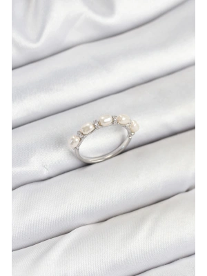 MuI MuI Pirinç Gümüş Renk Sıralı İncili Kadın Yüzük