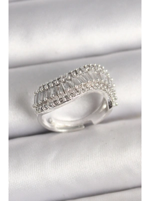 MuI MuI Pirinç Gümüş Renk Su Yolu Zirkon Dalga Model Ayarlanabilir Kadın Yüzük