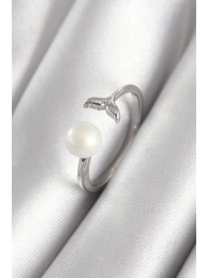 MuI MuI Pirinç Gümüş Renk Top İnci Figür Balık Kuyruğu Model Kadın Yüzük