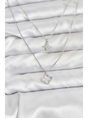 MuI MuI Pirinç Gümüş Renk Yonca Model 2li Kadın Kolye