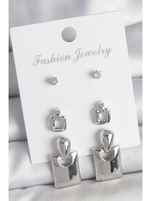 MuI MuI Pirinç Gümüş Renk Zirkon Taş Detay Sallantılı Kare Model 3 Çift Kadın Küpe Seti