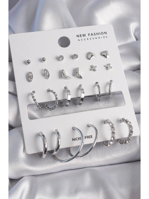 MuI MuI Pirinç Gümüş Renk 12 Çift Kadın Küpe Seti