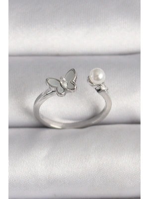 MuI MuI Pirinç Gümüş Renk Zirkon Taş Detaylı Beyaz Mineli Kelebek Figür İnci Detay Ayarlanabilir Yüzük