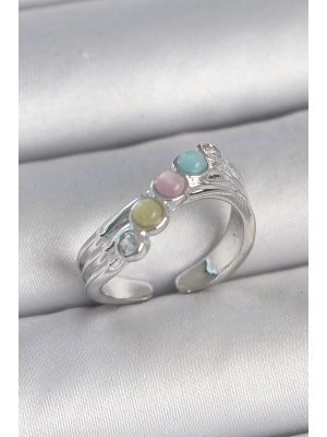 MuI MuI Pirinç Gümüş Renk Zirkon Taş Detaylı Renkli Mineli Ayarlanabilir Kadın Yüzük