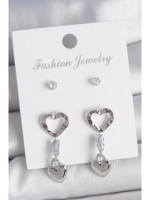 MuI MuI Pirinç Gümüş Renk Zirkon Taş Detaylı Sallantı Model 2 Çift Kadın Küpe Seti