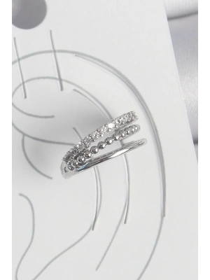 MuI MuI Pirinç Gümüş Renk Zirkon Taşlı 3Lü Sıralı Model Kadın Kıkırdak Küpe