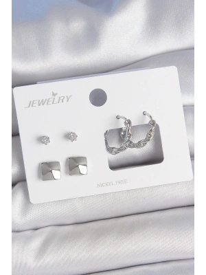 MuI MuI Pirinç Gümüş Renk Zirkon Taşlı Burgu Halka Model Kare Detay 3 Çift Kadın Küpe Seti