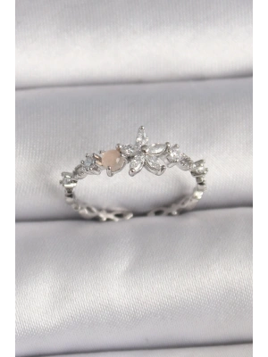 MuI MuI Pirinç Gümüş Renk Zirkon Taşlı Çiçek Model Ayarlanabilir Yüzük