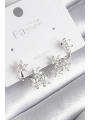 MuI MuI Pirinç Gümüş Renk Zirkon Taşlı Çiçek Tasarım Kadın Küpe