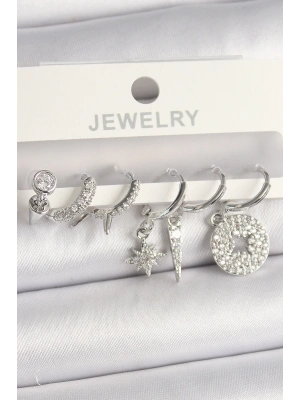 MuI MuI Pirinç Gümüş Renk Zirkon Taşlı Çoklu Figür Kadın Küpe Seti