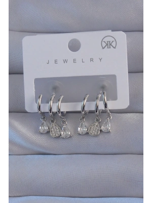 MuI MuI Pirinç Gümüş Renk Zirkon Taşlı Damla Model Çoklu Görünüm Yarım Halka Küpe