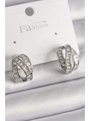 MuI MuI Pirinç Gümüş Renk Zirkon Taşlı Düğüm Halka Model Kadın Küpe