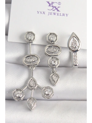 MuI MuI Pirinç Gümüş Renk Zirkon Taşlı Geometrik Model 3Lü Kadın Kombin Küpe