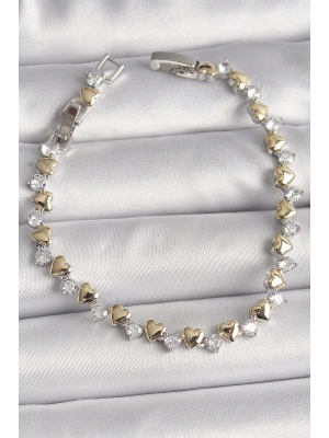 MuI MuI Pirinç Gümüş Renk Zirkon Taşlı Gold Kalpli VIP Seri Kadın Bileklik