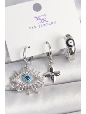 MuI MuI Pirinç Gümüş Renk Zirkon Taşlı Göz Model Nazar Boncuk Detay 3Lü Kadın Kombin Küpe