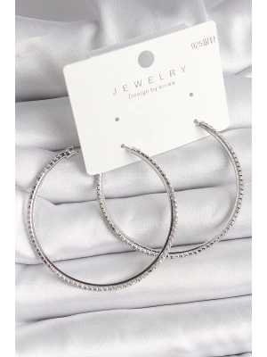 MuI MuI Pirinç Gümüş Renk Zirkon Taşlı Halka Model Kadın Küpe