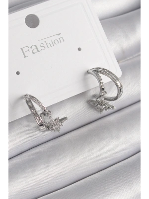 MuI MuI Pirinç Gümüş Renk Zirkon Taşlı Halka Model Sallantı Yıldız Detay Kadın Küpe